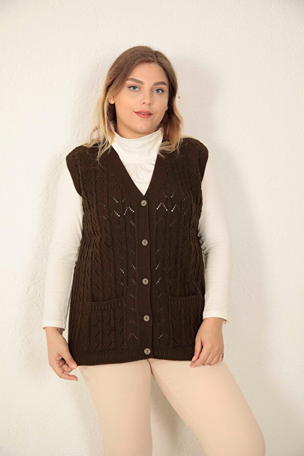 Women's V-Neck Winter Thick Wool Chain Modeled Knitwear Buttoned Pocket Mother Vest