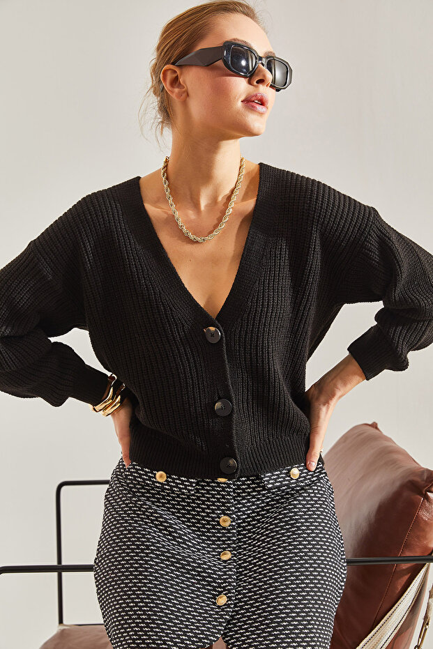 Women's Black Buttoned Knitwear Cardigan Stk100