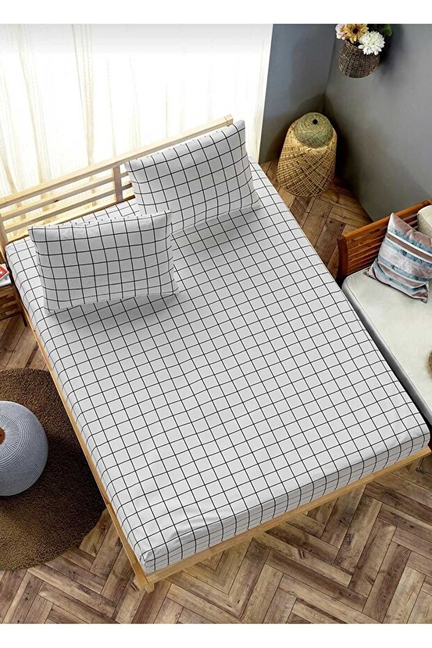SINGLE WHITE CHECKED ELASTIC SHEET SET, WHITE 120 X 200 +35 CM HEIGHT WITH 2 PILLOW CASES - 1