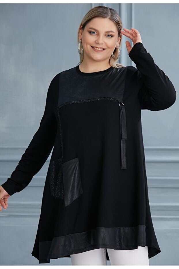 Women's Large Size Block Patterned Accessory Detail Front Single Pocket Flexible Viscose Tunic