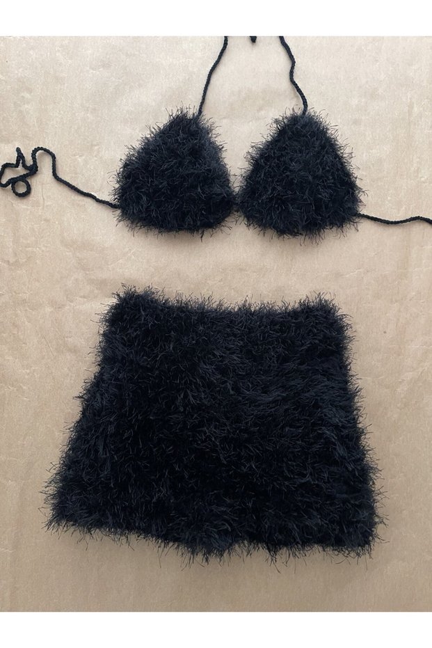 Raven Black Fluffy Rope Custom Design Shorts Top Set
