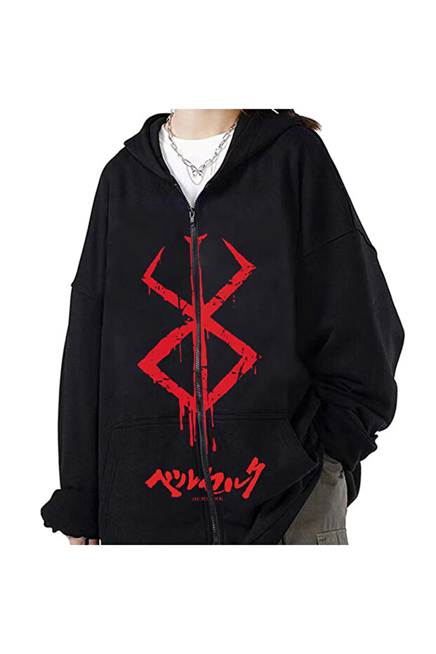 Harajuku Street Anime Berserk Red Logo Zip Hooded Sweatshirt