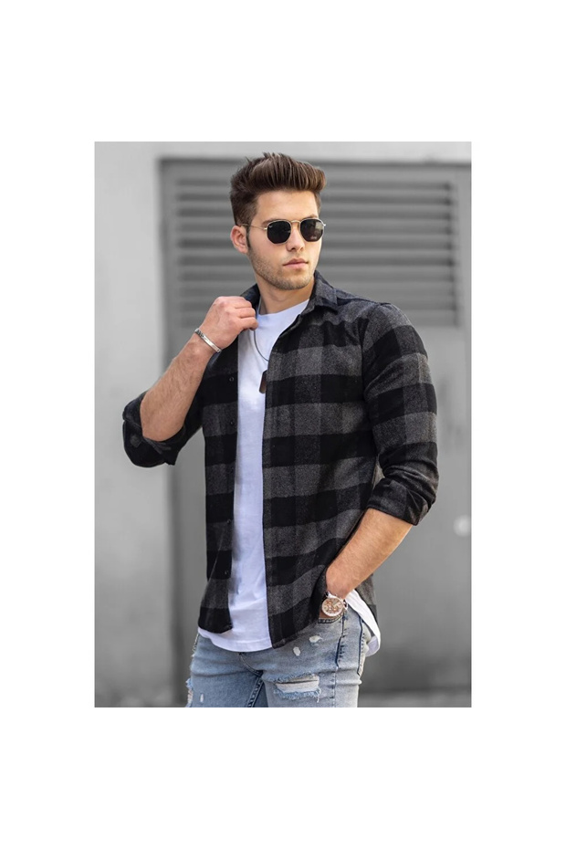 Men's KHAKI Plaid Cashmere Wool Button-Up Winter Lumberjack Shirt