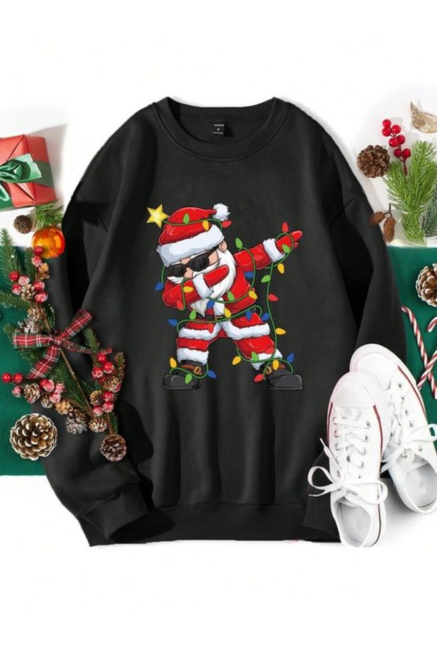 Christmas Themed Santa Claus Printed Black Sweatshirt