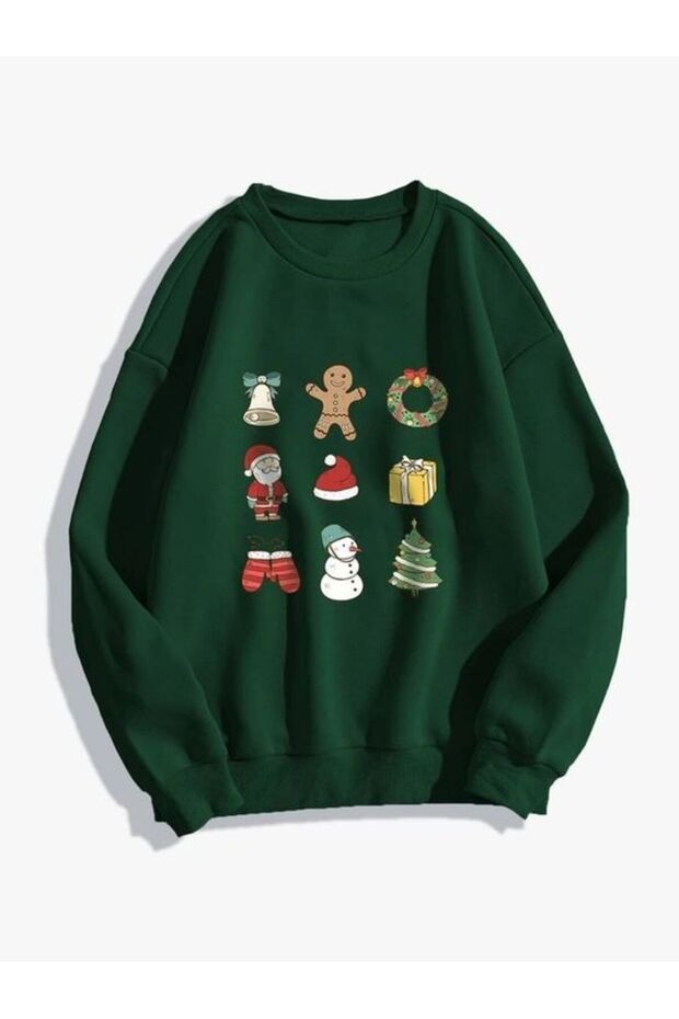 New Year Themed Green Round Collar Sweatshirt