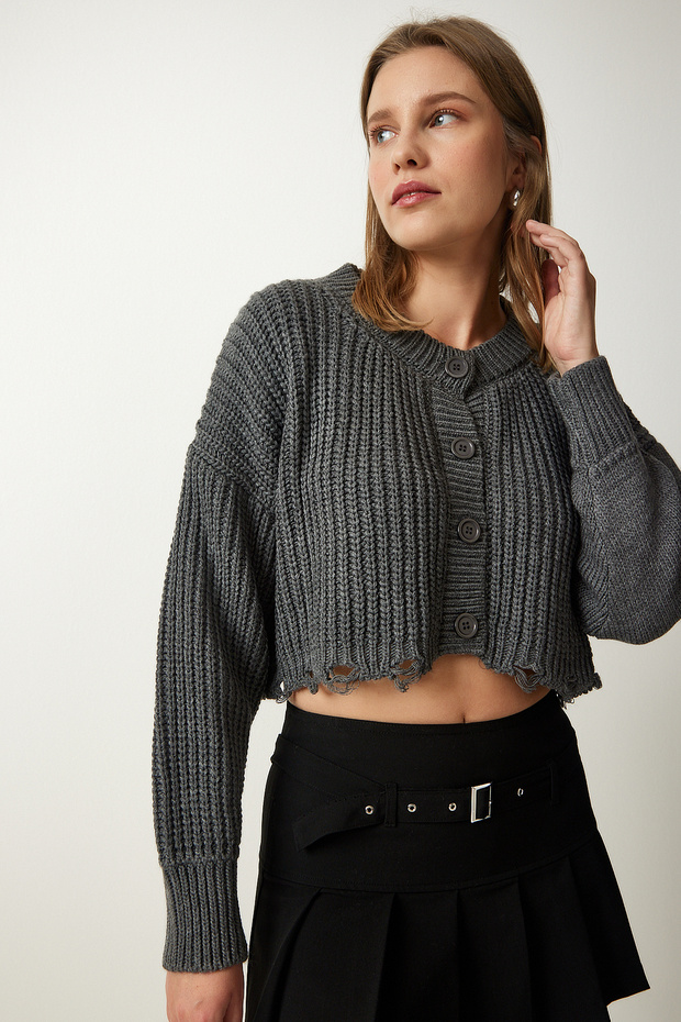 Women's Gray Ripped Detailed Buttoned Crop Knitwear Cardigan PF00054