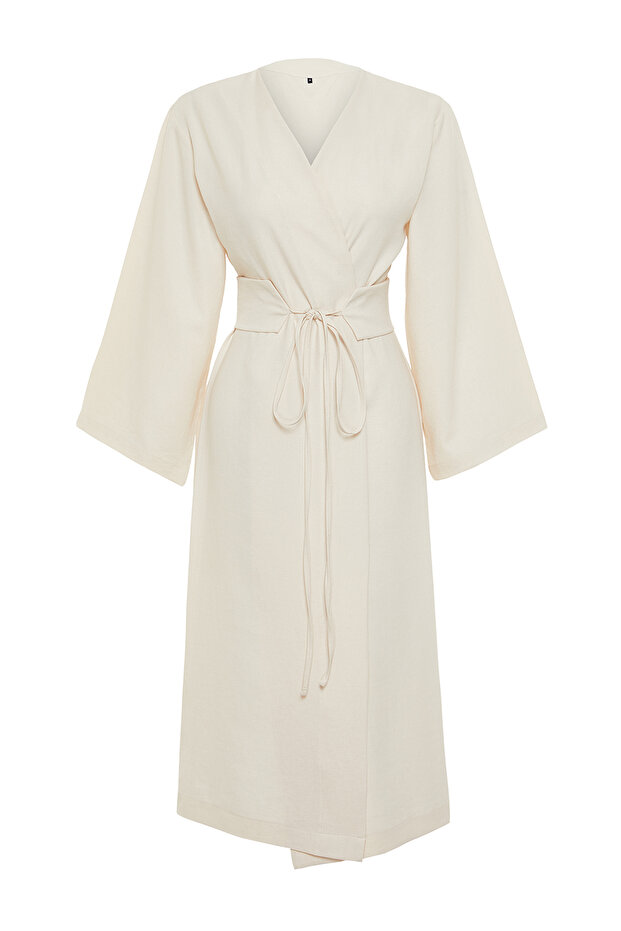 Taş Beli Bağlama Detaylı Keten Görünümlü Dokuma Kimono & Kaftan TCTSS24KK00001 - 5
