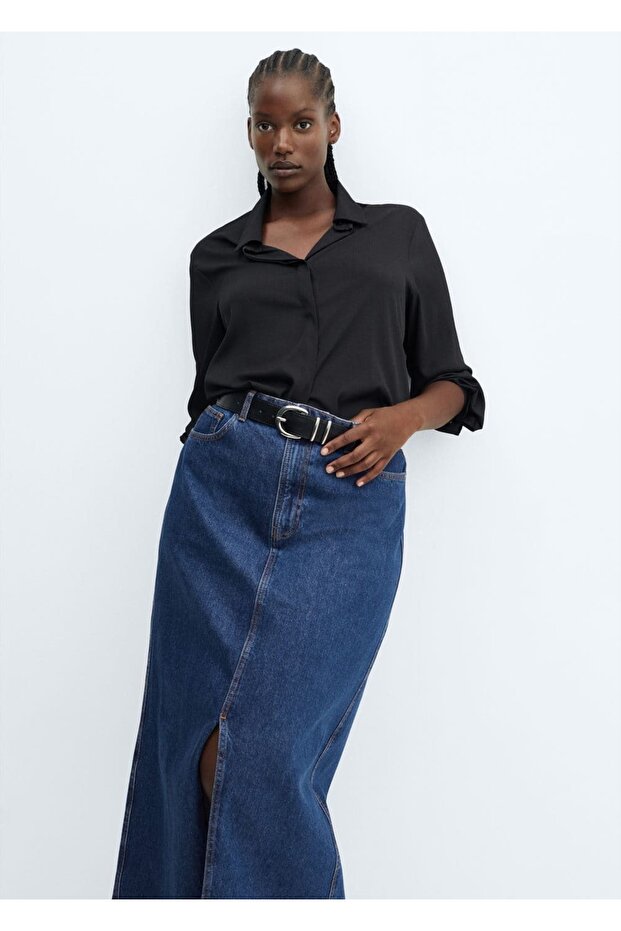 Yırtmaçlı denim etek - 7