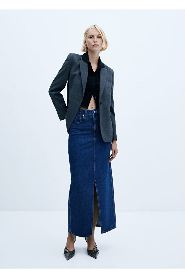 Yırtmaçlı denim etek - 2