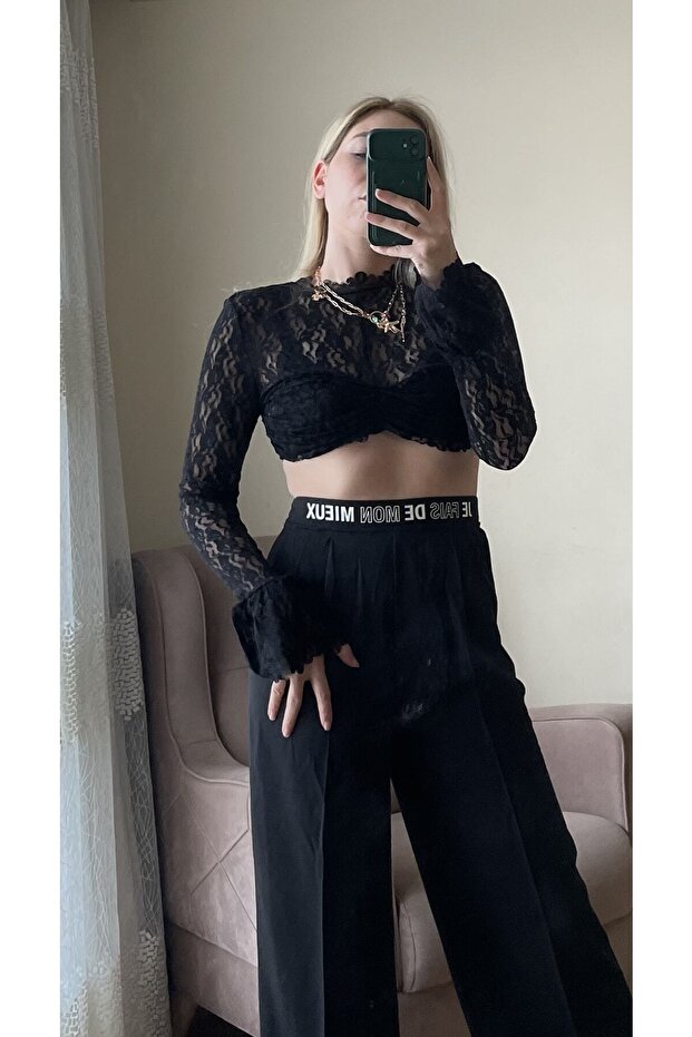 Siyah Dantel Crop - 1