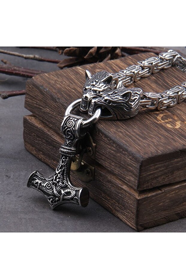 Gray Wolf Head Scandinavian Motif Thor Mjollnir & King Chain 316l Steel Necklace