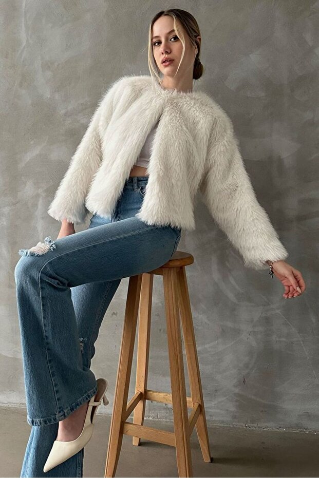 Women's Cream Plush Fur Jacket