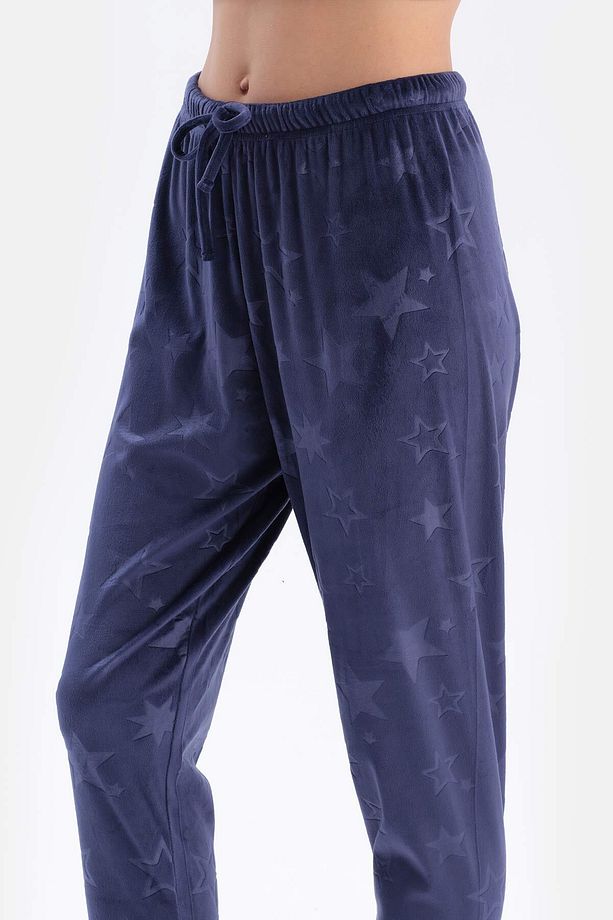 Lacivert Gofre Yıldız Detaylı Örme Pijama Takımı - 5