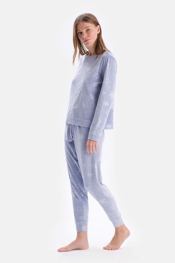 Mavi Gofre Yıldız Detaylı Örme Pijama Takımı - 3