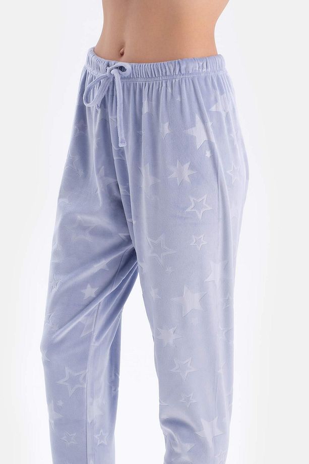 Mavi Gofre Yıldız Detaylı Örme Pijama Takımı - 5
