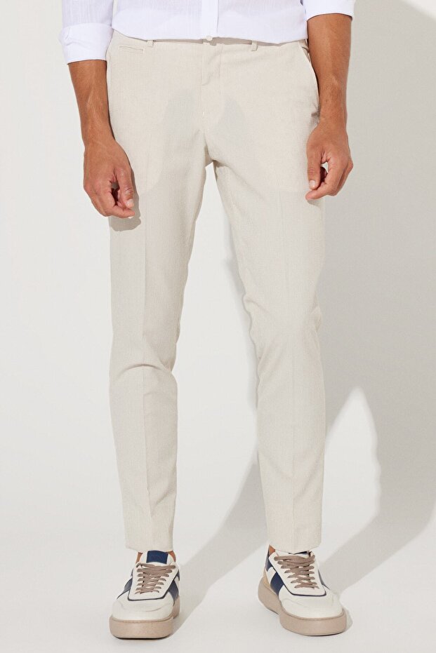 Men's Beige Slim Fit Slim Fit Seersucker Patterned Flexible Trousers with Side Pockets