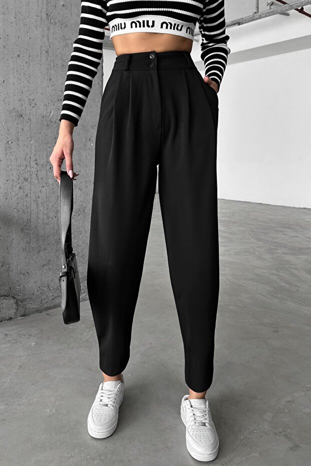 Women's Black High Waist Full Lycra Shalwar Cut Fabric Trousers