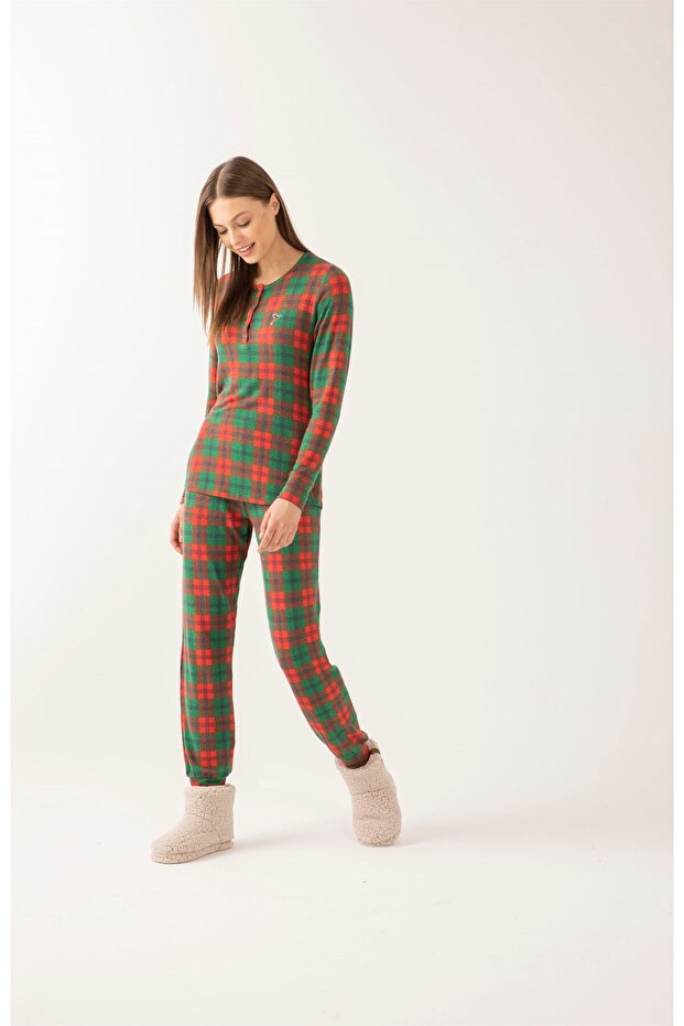 Kırmızı Yeşil Ekose Pijama Takımı - 4