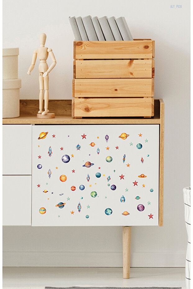 Planets Stars and Rocket Themed Sticker for Kids Room Socket Cabinet Door Wall Mirror Glass