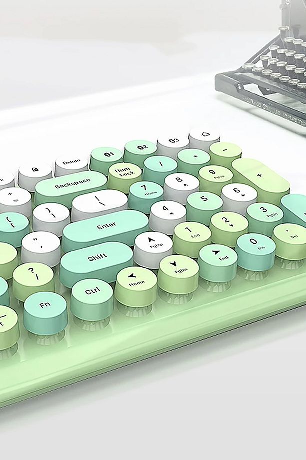 Retro Kablosuz Klavye Kablosuz Daktilo Tarz Dairesel 100 Tuşlu Bluetooth Klavye - Yeşil - 7