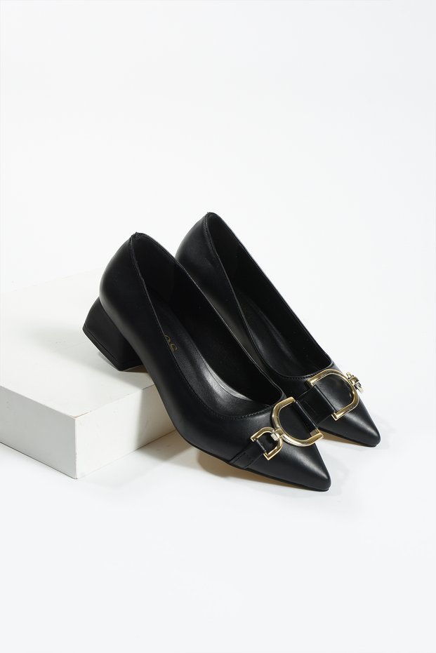 Lydia Black Buckle Detail Women's Heeled Shoes
