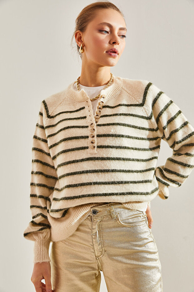 Women's Beige Emerald Striped 11 Button Knitwear Sweater 20235067