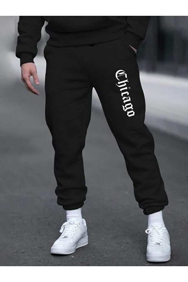 Unisex Black Chicago Printed Sweatpants