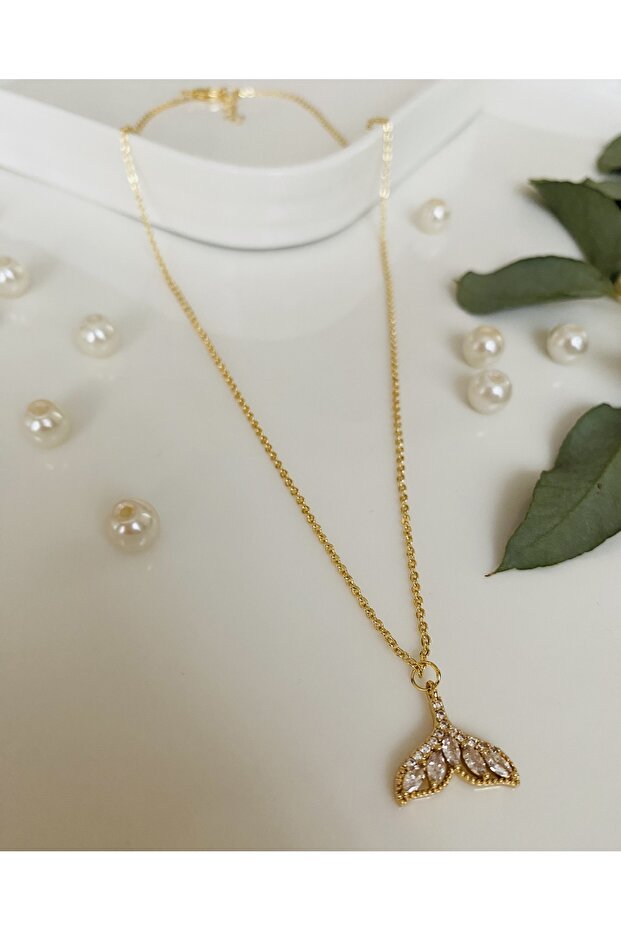 Zircon Stone Fish Tail Figured Non-Tarnish Gold Chain Women's Necklace