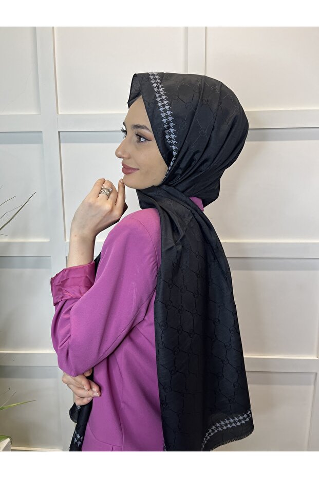 Houndstooth Patterned Monogram Shawl 00910 Black - 3