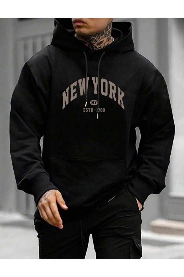 BLACK Hooded NEWYORK Printed Sweatshirt Hoodie