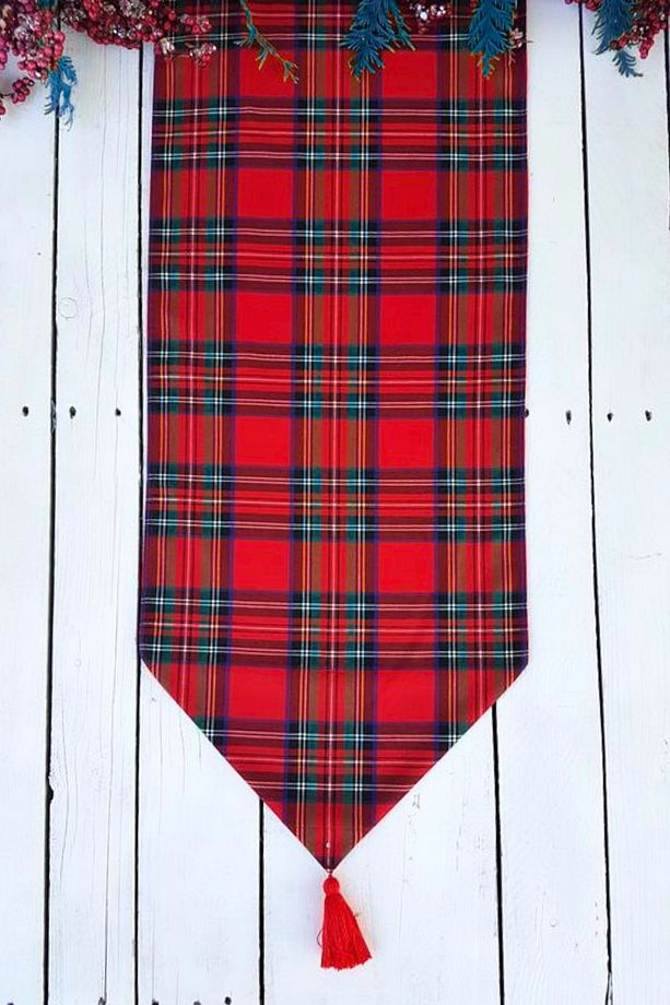 Kırmızı Ekoseli Stewart Runner Püsküllü- Yılbaşı (40 X 140 CM) Bohem, İskandinav,Tartan - 2