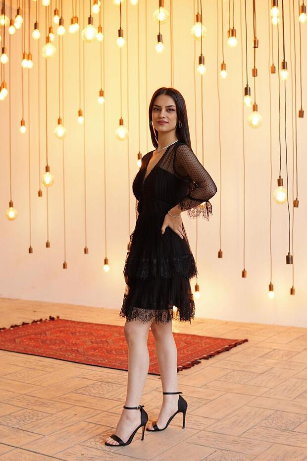 Siyah Dantelli Kısa Abiye Elbise - 3