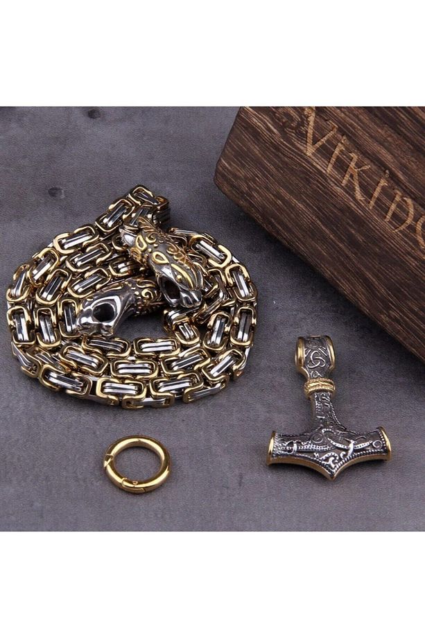 Ejderha Kafası Iskandinav Motifli Thor Mjollnir & Kral Zincir 316l Çelik Kolye - 3