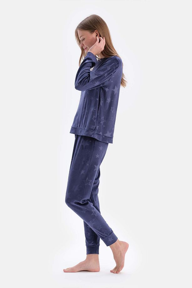 Lacivert Gofre Yıldız Detaylı Örme Pijama Takımı - 3
