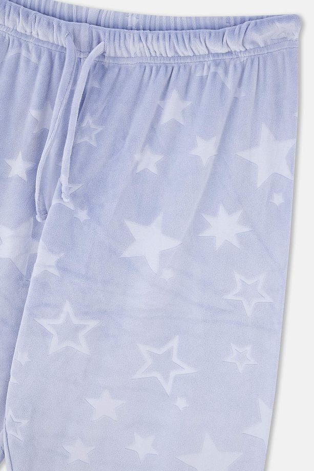Mavi Gofre Yıldız Detaylı Örme Pijama Takımı - 8