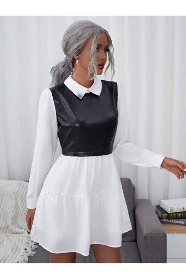 Women's White Shirt Collar Leather And Poplin Flint Back Zipper Long Sleeve Dress