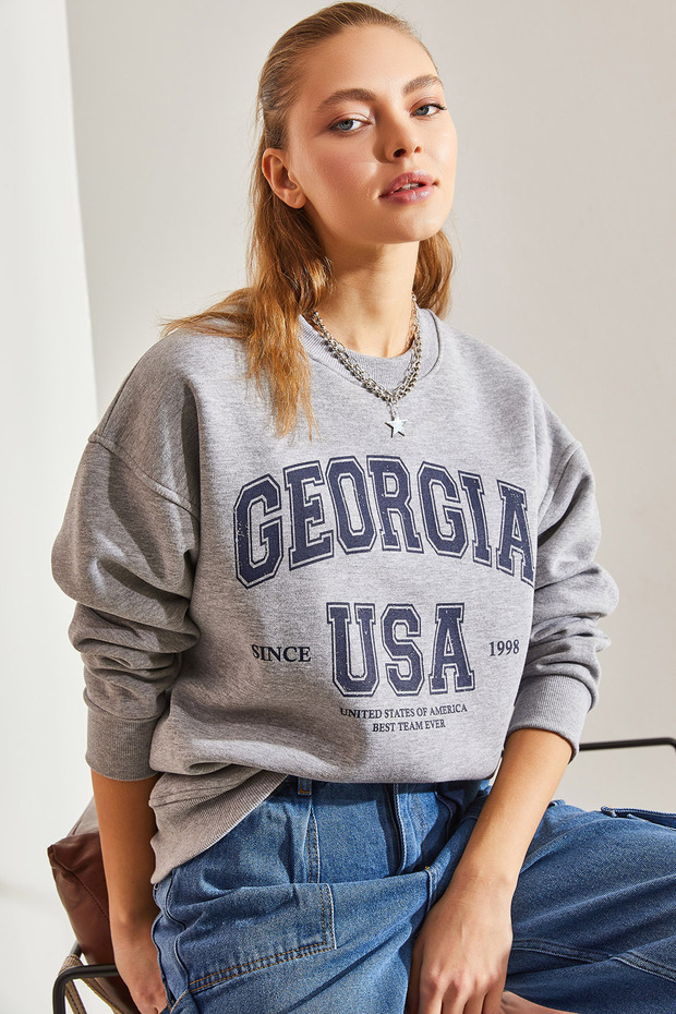 Women's Gray Georgia Printed Three-Thread Embroidered Sweatshirt Stk59