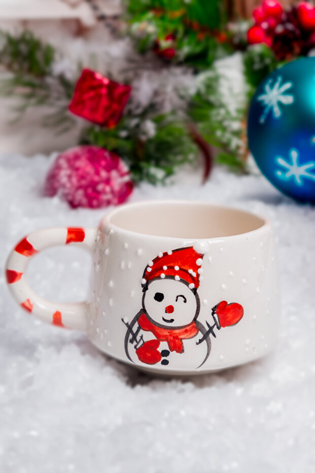 Handmade Ceramic New Year's Cup, Ceramic Cup, Double Turkish Coffee, Nescafe Cup, Snowman