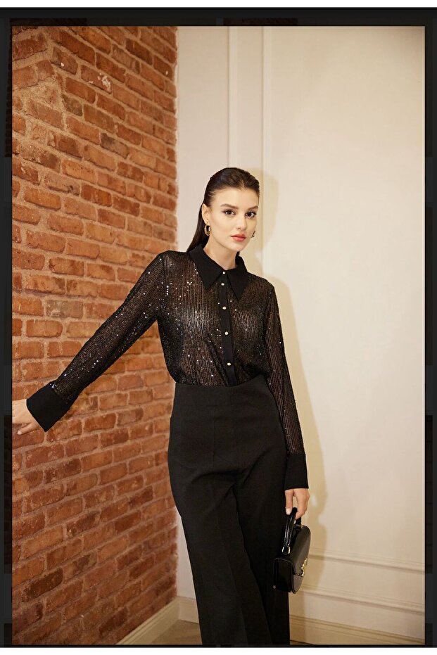 Payetli Simli Şifon Gömlek - 1