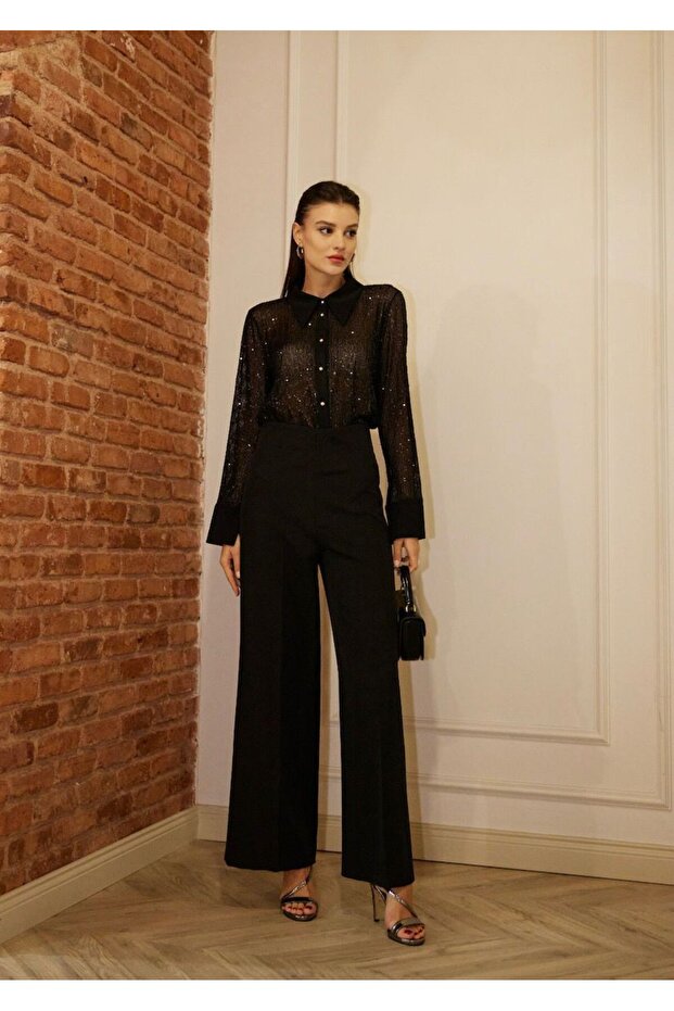 Payetli Simli Şifon Gömlek - 4