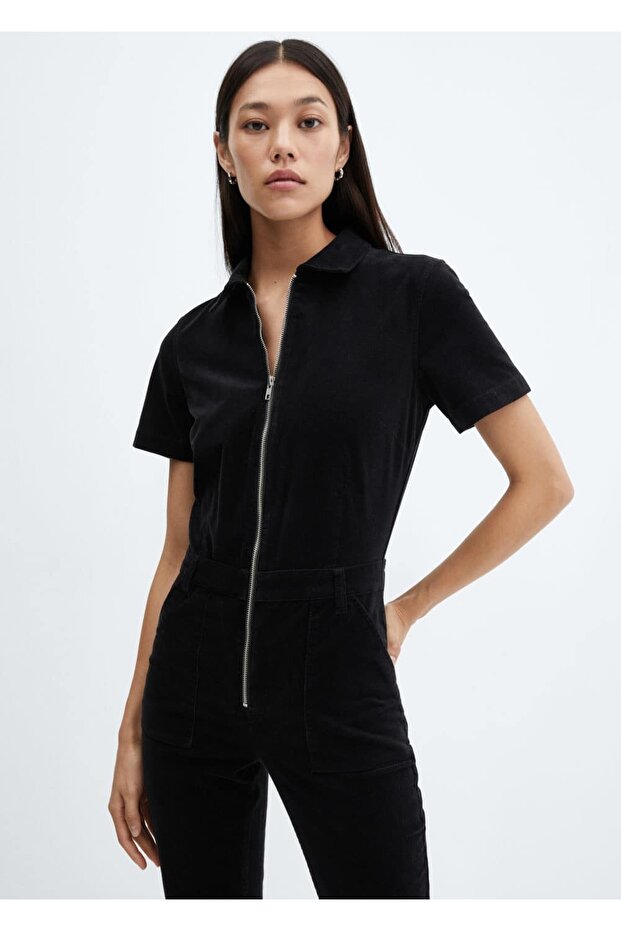 Fermuarlı fitilli kadife tulum - 1