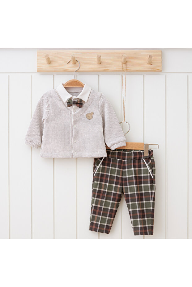 Baby Boy Suit Stylish Plaid Trousers and Knitted Cardigan Set