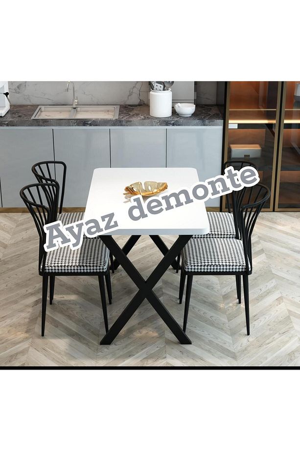 DÜZ BEYAZ YEMEK MASASI X AYAKLI + 4 ADET SANDALYE - 1