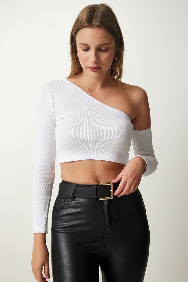 Kadın Beyaz Tek Kol Fitilli Crop Örme Bluz GT00230 - 2