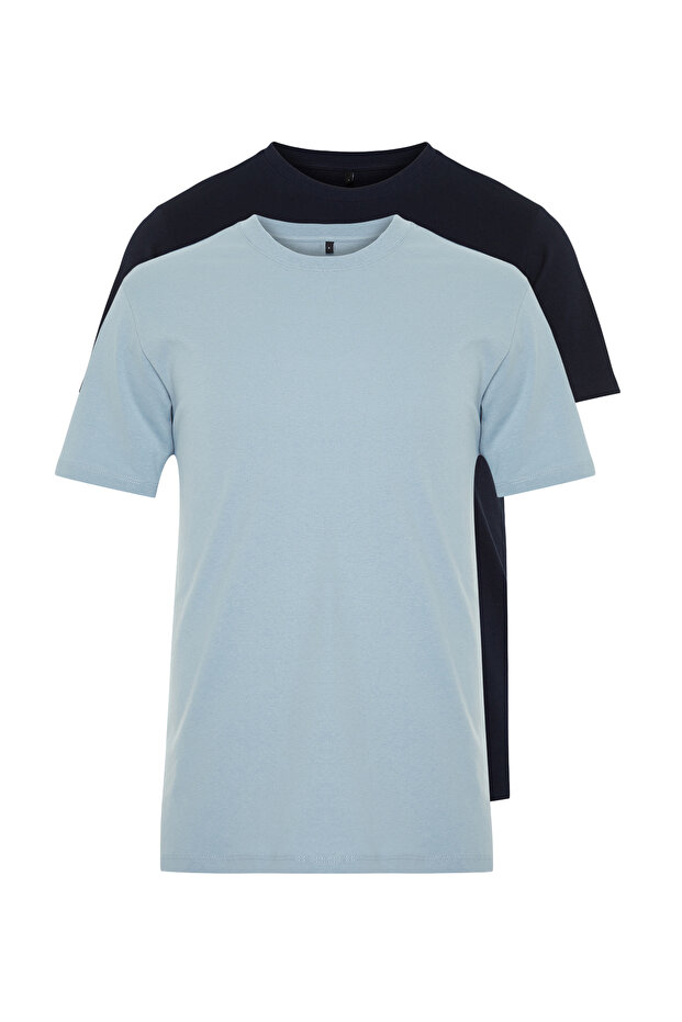 Lacivert-Mavi Basic Slim Fit/Dar Kesim %100 Pamuklu 2'li Paket Kısa Kollu T-Shirt TMNSS19BO0075 - 9