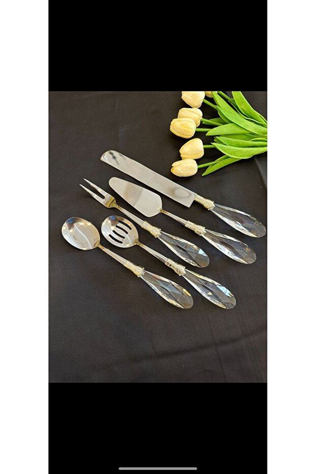 5 Piece Drop Decor Crystal Serving Set Silver
