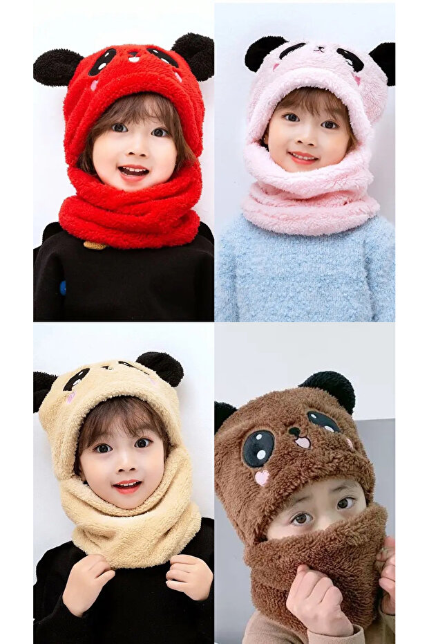 1 Piece Cute Plush Panda Necklace Hat with Color Options Red Cream Brown Gray Pink