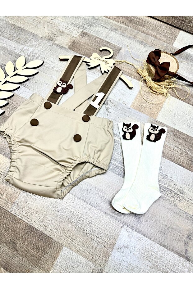 Beige brown baby boy salopette squirrel concept birthday outfit