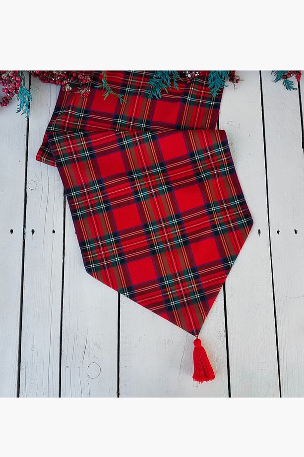 Kırmızı Ekoseli Stewart Runner Püsküllü- Yılbaşı (40 X 140 CM) Bohem, İskandinav,Tartan - 1