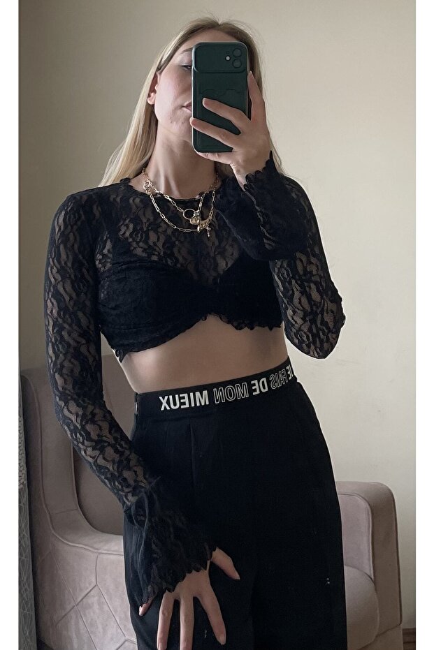 Siyah Dantel Crop - 3